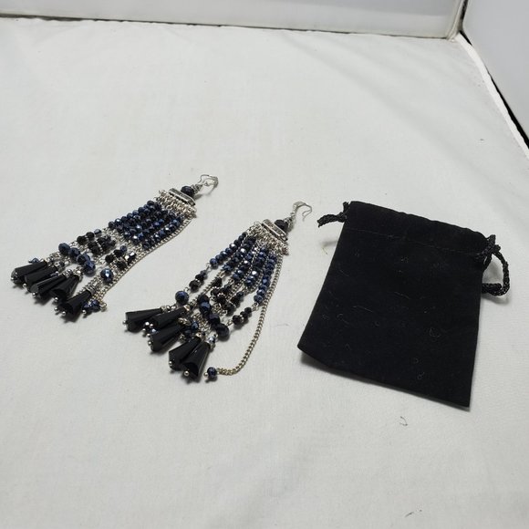 Ali Khan black gunmetal ripple long fringe glass bead earring - Picture 2 of 7